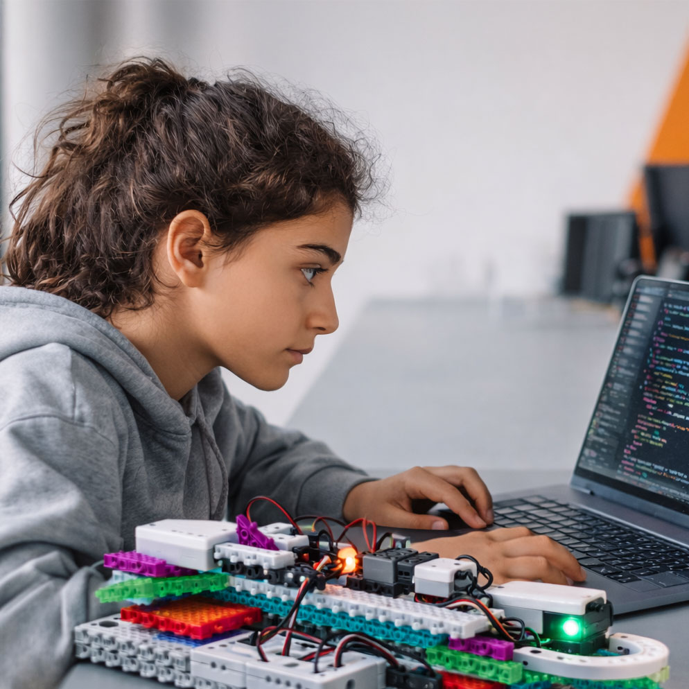 Una joven esta programando su proyecto de robótica