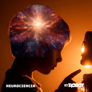 Niño a contraluz extiende la mano hacia su robot, mientras una explosión cósmica simboliza la actividad de su cerebro, representando la neurociencia y el poder creativo del aprendizaje.