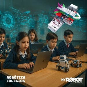 Niños y niñas en una sala de clases programan robots desde sus computadores portátiles; al fondo, un entorno digital muestra planos y circuitos, simbolizando el aprendizaje STEM en colegios.