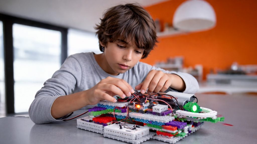 Niño armando proyectop de robotica en myrobotschool chile