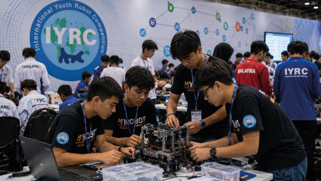 Grupo de jovemnes en la competencia internacional de robotica juvenil