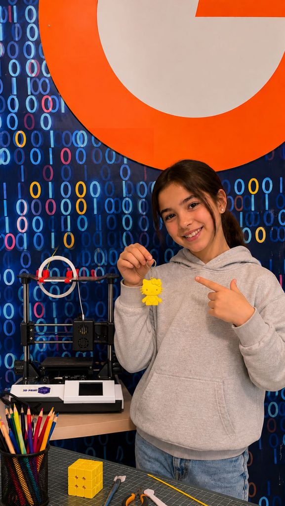 Niña muestra su llavero impreso 3D