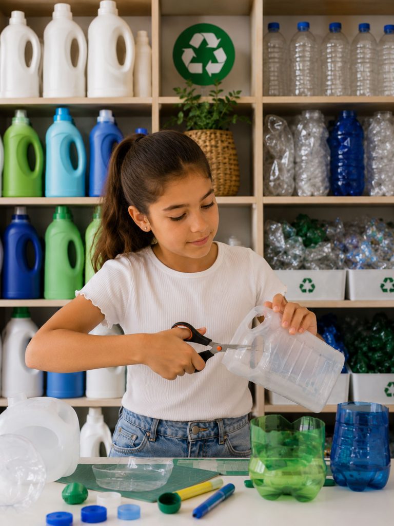 Niña recortando una botella reciclada, como parte de un emprendimiento