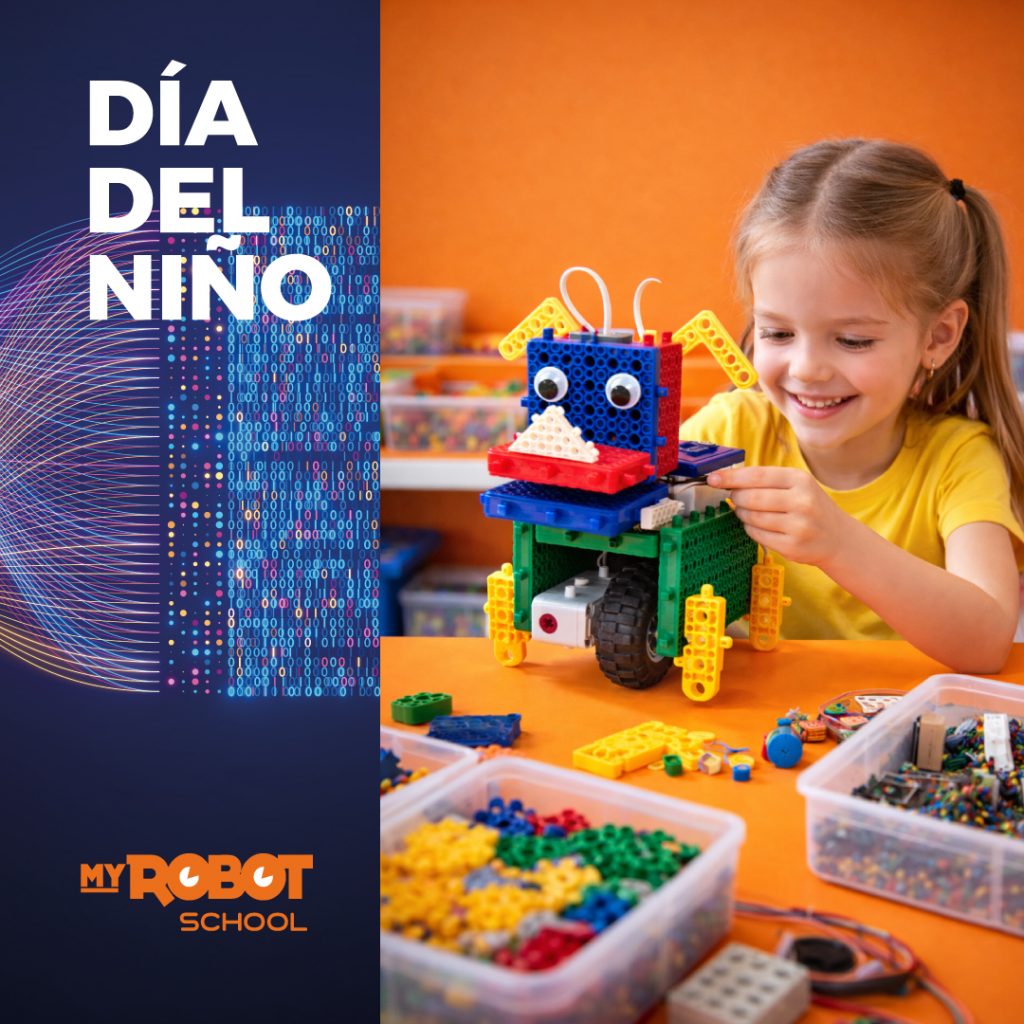 Imagen día del niño con una niña armado el perro robot