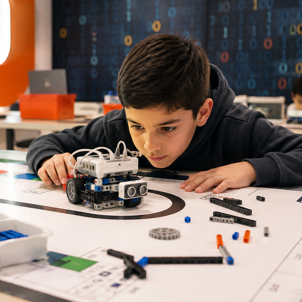 Un niño pensando y mirando fijamente su robot
